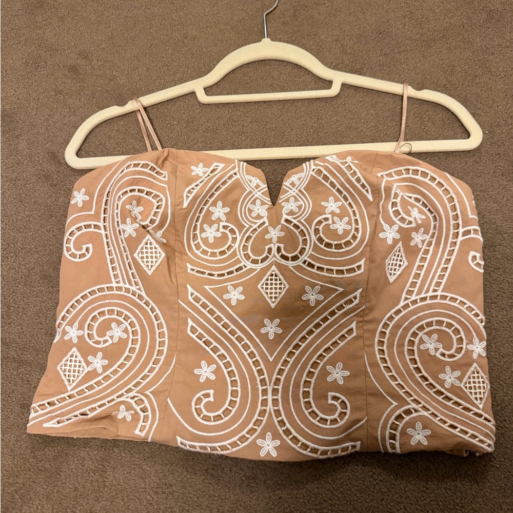 Express Tan Crop Top with White Embroidery